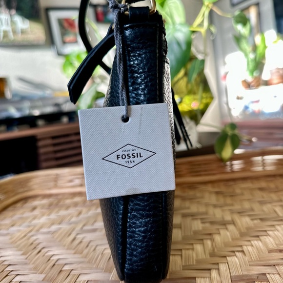 Fossil Black Pebbled Leather Crossbody Bag Double Zip Purse Adjustable Strap - Picture 6 of 10